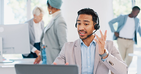 Image showing Customer service, call center and man consulting in office workplace. Crm, customer support and telemarketing worker, sales agent or happy male consultant talking, networking or communication at desk