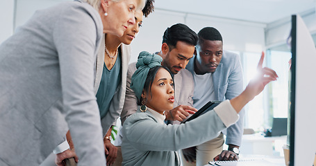 Image showing Computer, team work or woman with help from business people and working on a digital marketing SEO strategy. Collaboration, question or senior manager in a meeting with employees at a digital agency