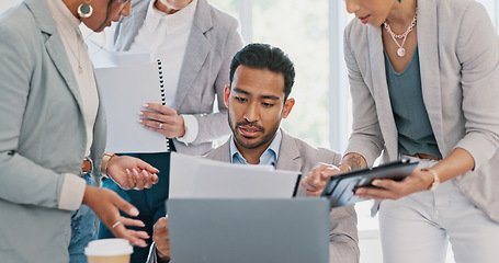 Image showing Businessman, multitasking and time management with leadership in work project, documents and tablet for signature. Manager, business people and paperwork, digital and project management success.