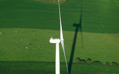 Image showing aerial view of windturbine and green meadow