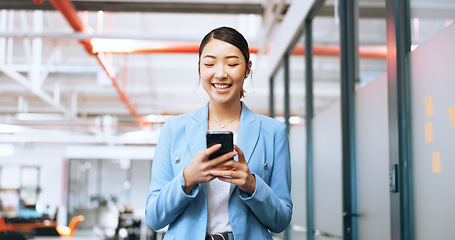 Image showing Asian woman, modern office and smartphone for connectivity, social media and fintech. Female entrepreneur, employee or lady with phone, communication and search internet with smile and online texting