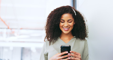 Image showing Phone, search and smile with business woman in office for networking, news and social media. Internet, technology and app with black woman and mobile for connection, contact and communication