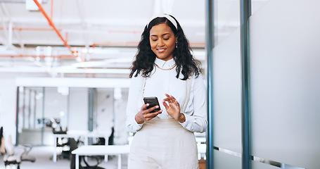 Image showing Office, phone and business women walking typing, online and smile on mobile app in workplace. Diversity, communication and group of female workers on smartphone for social media, network and internet