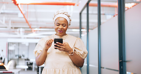 Image showing Smartphone, wow and business black woman in office with feedback, news or results on sales, profit or bonus for company. Surprise, update and corporate worker using phone or cellphone on social media