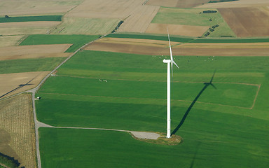 Image showing Aerial view of a lonely  wind turbine