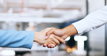 Image showing Corporate, partnership and b2b handshake of business people for professional agreement together. Cooperation, welcome or thank you of interracial women employees shaking hands in workplace.