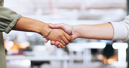 Image showing Corporate handshake, closeup and office for woman in agreement, deal or welcome to team in finance startup. Shaking hands, women and thank you for success, contract or partnership for investment goal