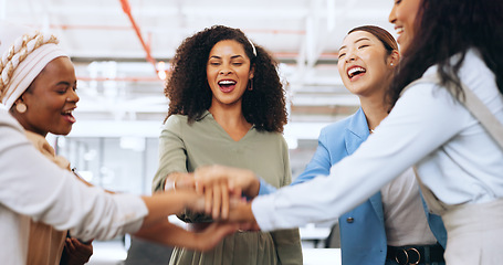 Image showing Motivation, hands and business women in a meeting, team building and startup collaboration. Teamwork, celebration and employees on a mission for creative goal, solidarity and engagement at work