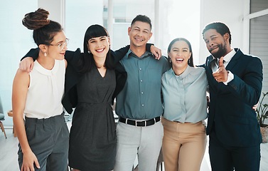 Image showing Portrait, teamwork and diversity of collaboration, motivation and support in office. Happy group of employees smile for success, business goals and happiness of corporate mission, growth and trust