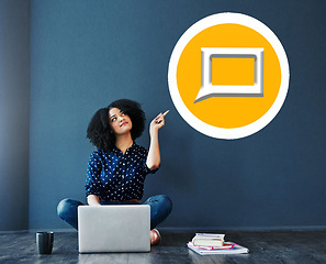 Image showing Computer, chat icon and black woman isolated on a wall background for communication ideas, thinking and planning. Study, education and student or person on laptop with social media sign or overlay