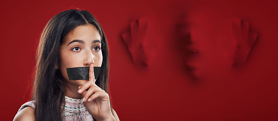 Image showing Woman silence, face tape and victim of domestic violence, sexual assault trauma or abuse crime from human trafficking. Red secret mockup, censored speech and young girl scared, fear or quiet gesture