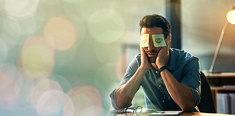 Image showing Tired, sleeping and man with sticky note on eyes for burnout, depression and low energy for career or business fatigue. Sleep, mental health and employee, worker or professional person nap at desk