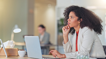 Image showing Real estate agent typing on laptop, thinking of creative property marketing advertisement to post on social media to sell a new house. Confident, ambitious realtor with afro negotiating deal on email