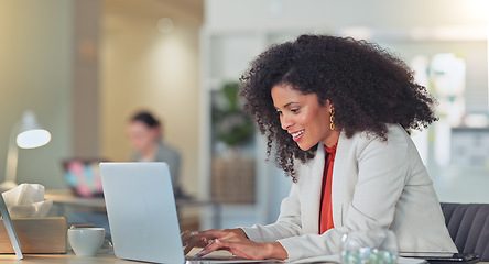 Image showing Real estate agent typing on laptop, thinking of creative property marketing advertisement to post on social media to sell a new house. Confident, ambitious realtor with afro negotiating deal on email