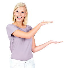 Image showing Marketing, product placement and portrait of woman with hands for advertising, branding and logo. Excited, show and girl with hand to market a brand or company with mockup space on a white background