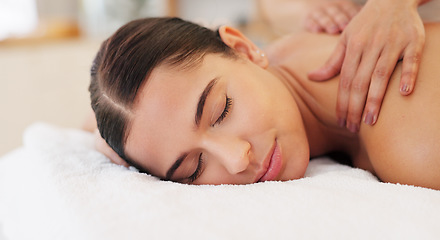 Image showing Health, relax and woman getting back massage at luxury spa lying on table with smile and massage therapist hands on back. Wellness, body care and physiotherapy service at beauty salon for happy women