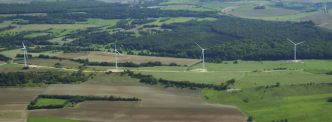 Image showing Panoramic and aerial view of wind farm