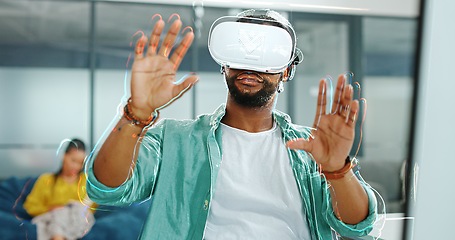 Image showing Virtual reality metaverse, augmented reality vr and black man work on cyber dashboard, digital transformation or ai software. Futuristic, headset and creative graphic designer with future simulation