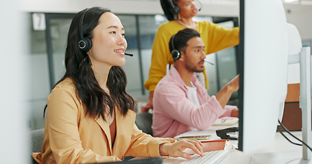 Image showing Call center, consulting or Asian business woman with computer for telemarketing, customer service or contact us. Communication, sales or crm girl employee at help desk agency for technical support