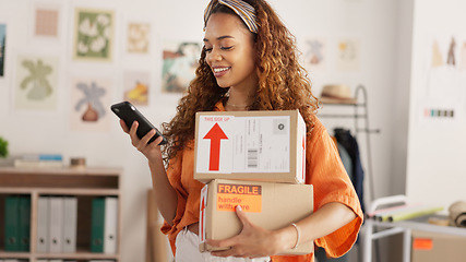 Image showing Woman, fashion e commerce startup and phone product delivery online internet system. Happy small business owner, clothing supply chain industry worker and retail order packaging and track in boutique