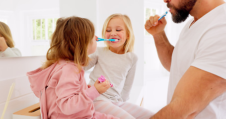 Image showing Father, kids and brushing teeth dental healthcare, cleaning and bathroom hygiene in family home. Happy dad teaching young girl children oral wellness with toothpaste, toothbrush and healthy lifestyle