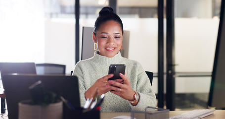 Image showing Phone, business woman and typing in office, social media or internet browsing. Tech, mobile or happy female with smartphone for networking, web scrolling or laughing at comic online meme in workplace