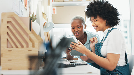 Image showing Logistics women, tablet or ecommerce success deal in creative shipping office, startup or e commerce retail company. Happy smile or wow face workers in teamwork collaboration of tech product delivery