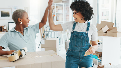 Image showing High five, wow and motivation with business women celebration, success or target in office at work together. Teamwork, collaboration and goal with a female employee and her corporate partner working