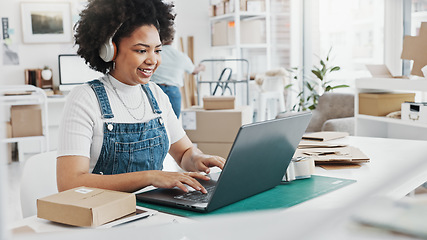 Image showing Ecommerce worker and laptop music with headphones for organisation concentration in office. Logistics, planning and communication woman for delivery schedule online with cargo distribution.