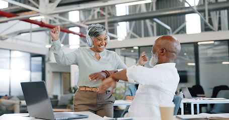 Image showing Dancing, office and group of business people with headphones having fun, happy and good mood at work. Success, team and excited workers dance, listening to music and high five in corporate workplace