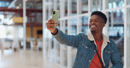 Image showing Man, phone or selfie in creative office, social media startup or advertising small business on vlog, blog or content app. Smile, happy influencer or mobile vlogger on technology photography website