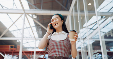 Image showing Morning, phone call and coffee of business woman from Japan with communication at a office. Mobile, talking and happy conversation of a Asian person with a smile and happiness ready for work