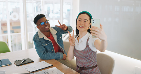 Image showing Smile, friends and selfie with business people and phone with thumbs up, peace sign or wave on break. Diversity, social media and internet with black man and asian woman for teamwork, relax or mobile