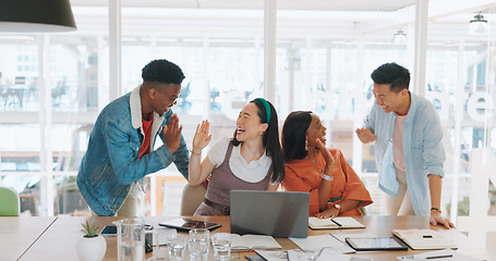 Image showing Celebration, laptop and business people high five, applause and celebrate goals, targets or achievement. Teamwork, winner and group collaboration of employees on pc clapping and celebrating success.