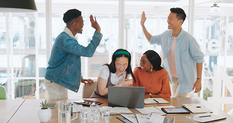 Image showing Celebration, laptop and business people high five, applause and celebrate goals, targets or achievement. Teamwork, winner and group collaboration of employees on pc clapping and celebrating success.