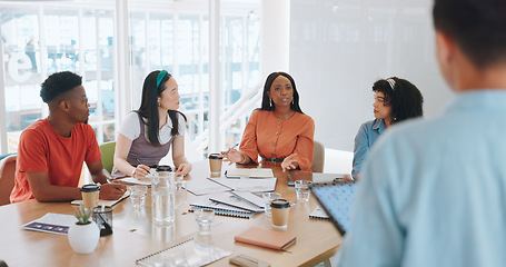 Image showing Applause, audience and business people in a meeting or presentation for finance growth, profit and goal achievement in a creative office. Men and women happy and excited to celebrate news or speech