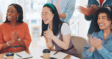 Image showing Success, applause or people in a meeting or presentation celebrate team goals, target or kpi sales performance. Community, diversity or happy crowd of employees clapping to support business growth