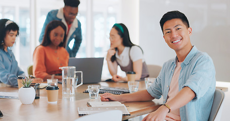 Image showing Face, leadership and Asian man in meeting at office with documents for sales, advertising or marketing. Boss, ceo and happy male entrepreneur with vision, mission or goals, targets or success mindset