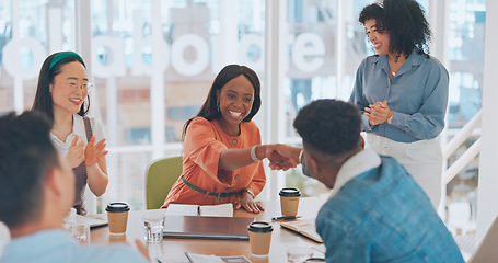 Image showing Welcome, handshake and applause with business people in meeting for onboarding, partnership and success. Deal, congratulations and achievement with employee in boardroom for planning, target and sale