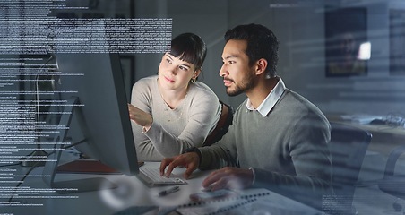 Image showing Business people, code with collaboration and information technology, computer for coding, partnership and overlay. Software development, team meeting and man with woman in office, focus and typing