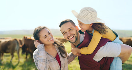 Image showing Farm, cattle and portrait of farmer family standing in agriculture, sustainable and agro field. Sustainability, livestock and eco friendly parents farming with girl in organic countryside with energy