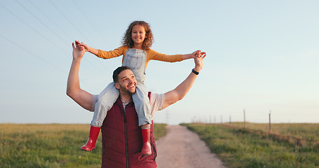 Image showing Happy family, father and child walking on a farm on a relaxed, calm and peaceful holiday vacation outdoors. Smile, happiness and young girl enjoys bonding and love having fun with dad in nature field