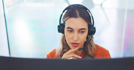 Image showing Customer support communication, face and consultant talking on telecom microphone or contact us call center. CRM computer software, ecommerce and telemarketing woman consulting on customer service