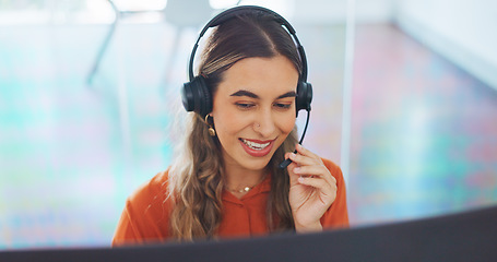 Image showing Customer support communication, face and consultant talking on telecom microphone or contact us call center. CRM computer software, ecommerce and telemarketing woman consulting on customer service