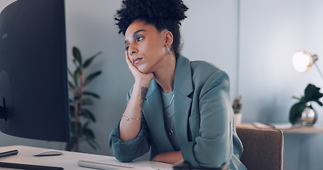 Image showing Business, computer and woman tired, burnout and headache with work, schedule and planning in office. Female, ceo and entrepreneur overworked, stress and depression with pain, mental health and online