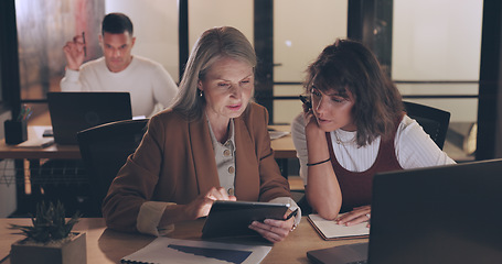 Image showing Laptop, tablet and business people teamwork on night project, digital finance portfolio or feedback review of stock market research. Financial economy, investment collaboration and trader trading nft