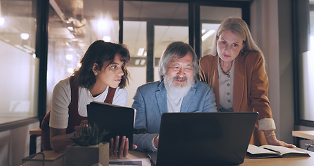 Image showing Laptop, tablet and business people teamwork on night project, digital finance portfolio or feedback review of stock market research. Financial economy, investment collaboration and trader trading nft