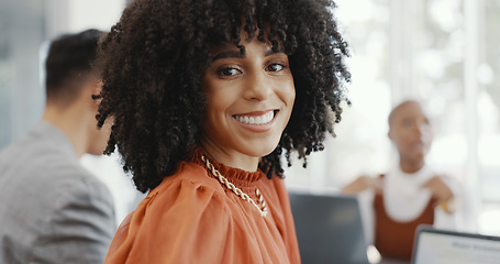 Image showing Face, business and black woman in meeting, brainstorming and planning in office. Team, staff and female leader with smile, conversation and share idea for innovation, corporate goal or company target