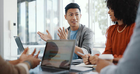 Image showing Meeting, collaboration and team planning a project together in the office conference room. Teamwork, diversity and business people in discussion while working on a b2b corporate strategy in workplac