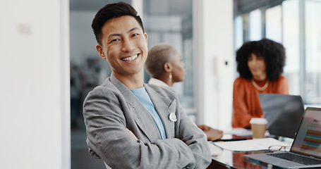 Image showing Laptop, meeting and face of a professional Asian man in the office conference room planning a corporate strategy. Happy, smile and portrait of businessman working on a project with team in workplace